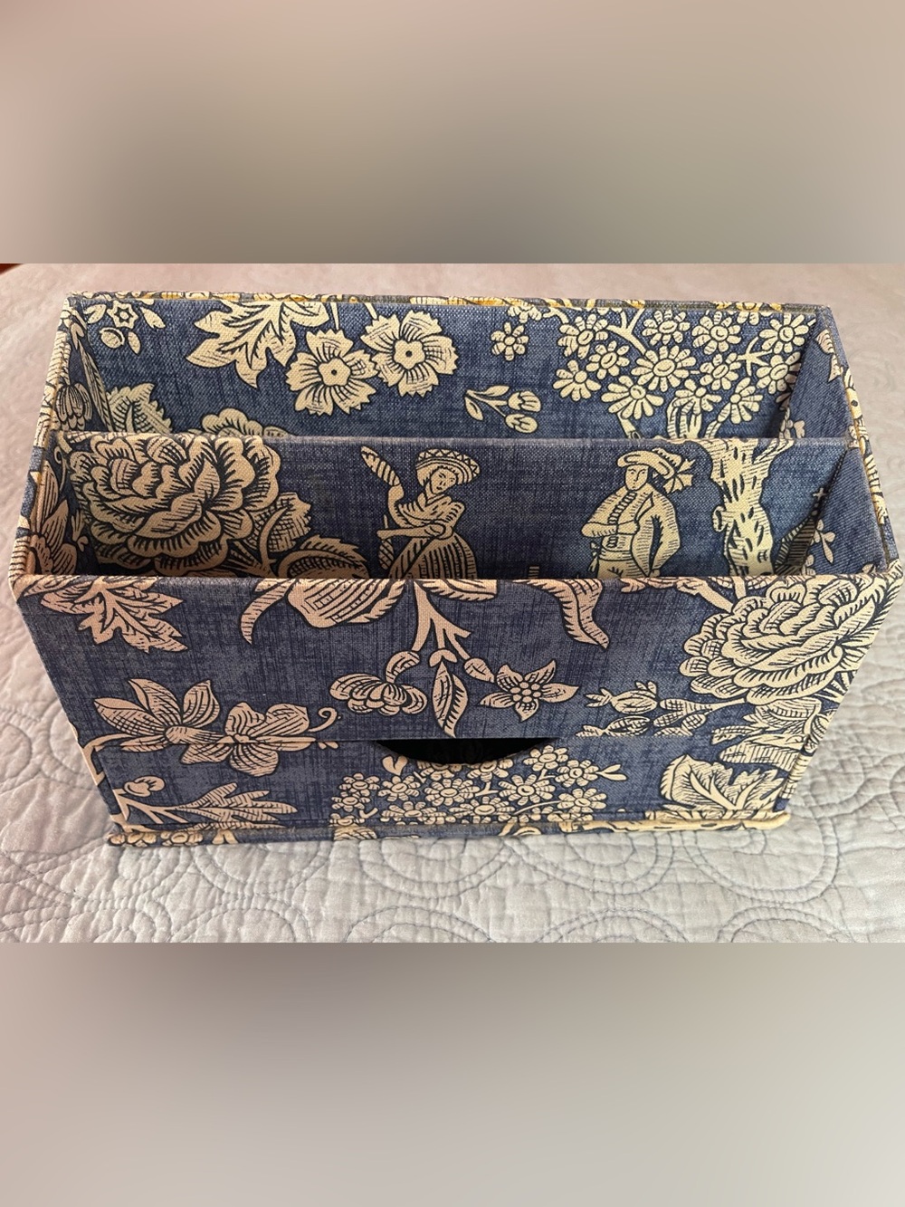 Vintage Pierre Deux Blue Floral Toile Fabric Stationary Storage with Drawer